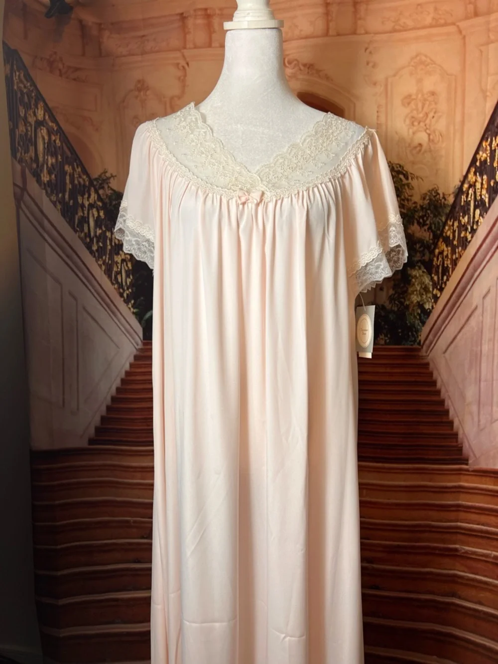 NWT Christian Dior. Soft Blush Pink Maxi Nightgown with Lace Trim, size small